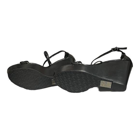 White House Black Market Leighton Wedge Jet Black Embossed Lizard Strap Sandal - Picture 5 of 6